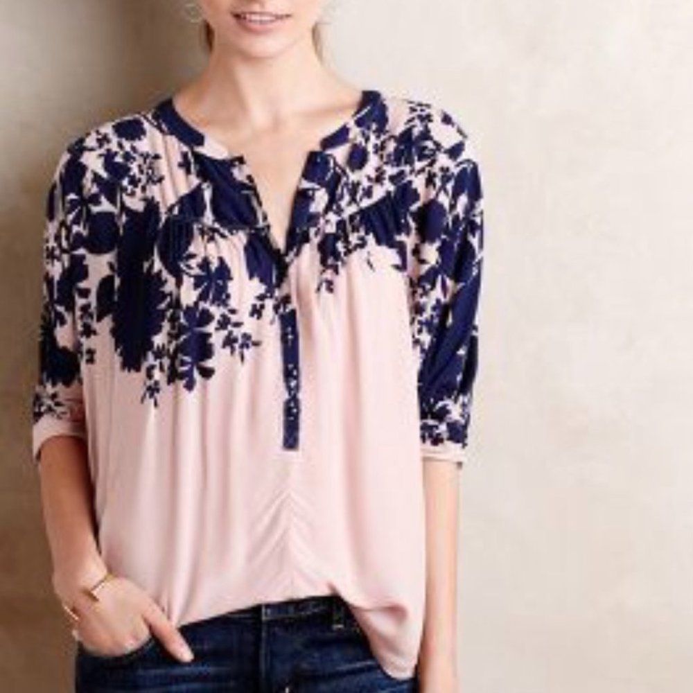 Anthropologie Maeve Linden Floral Batwing Blouse Pink/Navy Size Small